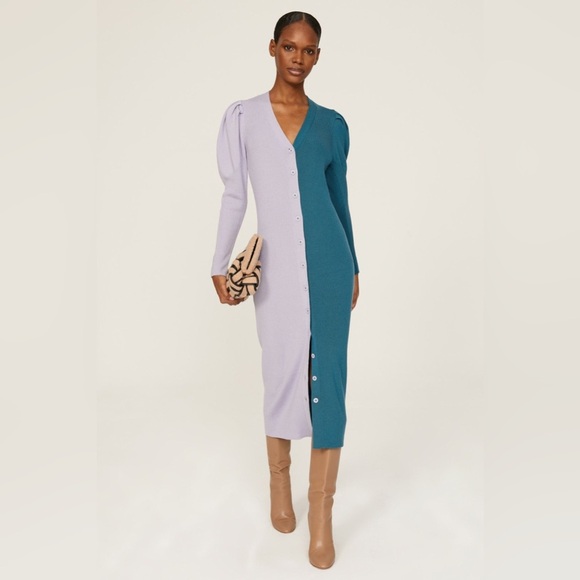 Busayo Collective Rib Sweater midi Dress button front puff sleeve 100% wool XS - Picture 1 of 11